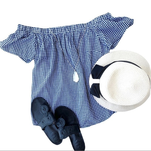 Mossimo Y2K Target Navy Blue Gingham Plaid Picnic Off the Shoulder Blouse Small - Picture 14 of 14